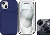 Hoesje Pasjeshouder geschikt voor iPhone 15 - Screenprotector FullGuard + Camera Lens Screen Protector - Siliconen Case Back Cover Blauw
