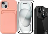 Hoesje Pasjeshouder geschikt voor iPhone 15 - Screenprotector FullGuard + Camera Lens Screen Protector Zwart - Siliconen Case Back Cover Roze