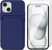 Hoesje Pasjeshouder geschikt voor iPhone 15 Plus - 2x Screenprotector GlassGuard - Siliconen Case Back Cover Blauw & Screen Protector