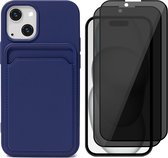 Hoesje Pasjeshouder geschikt voor iPhone 15 Plus - 2x Privacy Screenprotector FullGuard - Siliconen Case Back Cover Blauw & Screen Protector