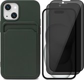 Hoesje Pasjeshouder geschikt voor iPhone 15 Plus - 2x Privacy Screenprotector FullGuard - Siliconen Case Back Cover Groen & Screen Protector