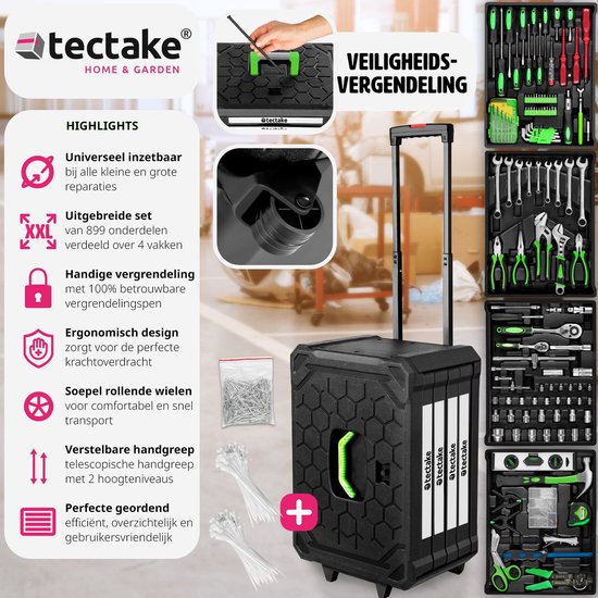 tectake® gereedschapsset in aluminium koffer, gereedschapskoffer gevuld 699-delig, mobiele gereedschapskoffer, telescoopgreep, grote gereedschapskist voor professionals en huishoudens - zwart