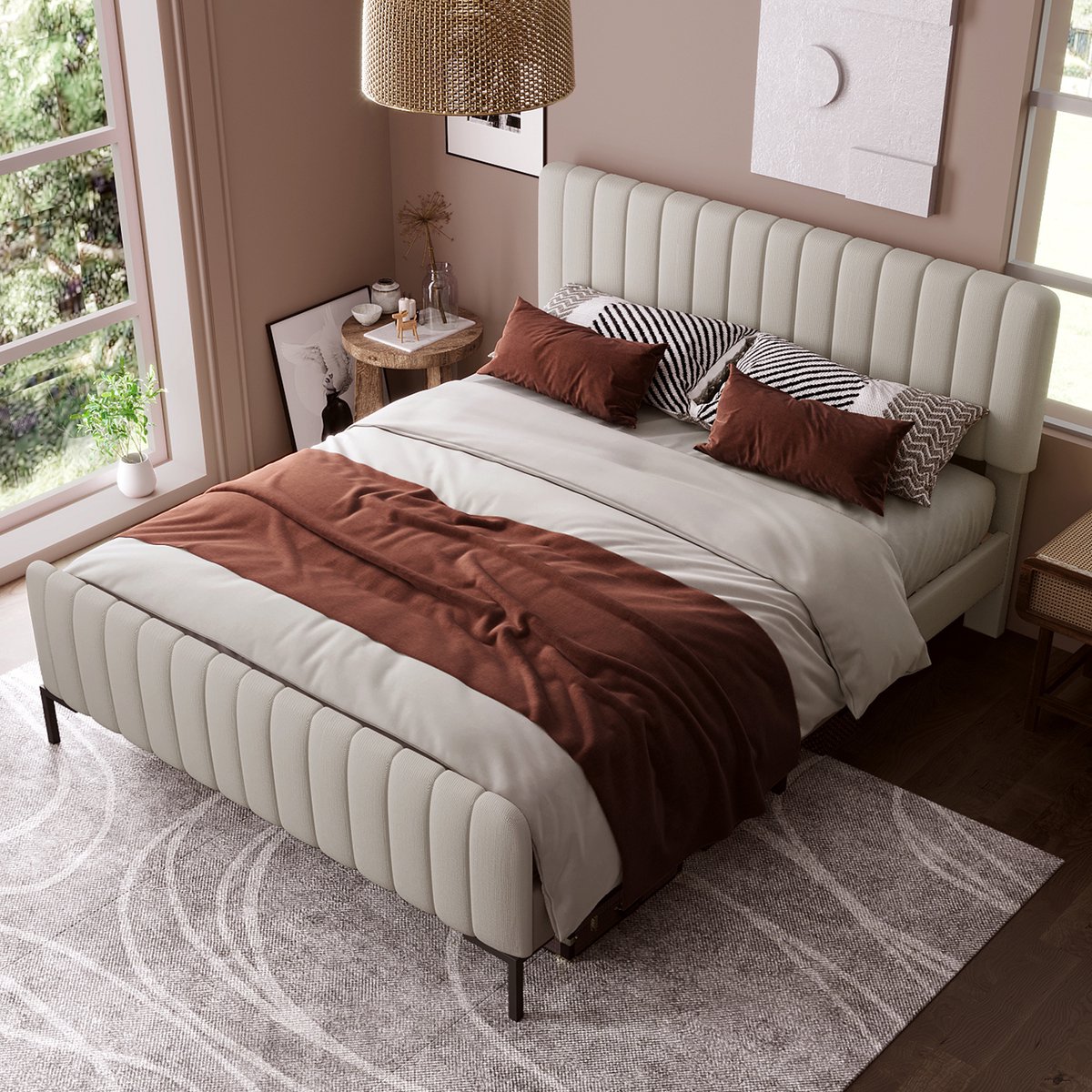Gestoffeerd bed tweepersoonsbed 160 x 200 cm, bedframe met lattenbodem en verstelbaar hoofdeinde, gestoffeerd bed in beige, bedframe jeugdbed voor slaapkamer logeerkamer linnenmateriaal