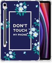 Siliconen Backcase met Tekst Geschikt voor Samsung Galaxy Tab S9 Tablet Hoes Flowers Blue Don't Touch My Phone met doorzichte zijkanten