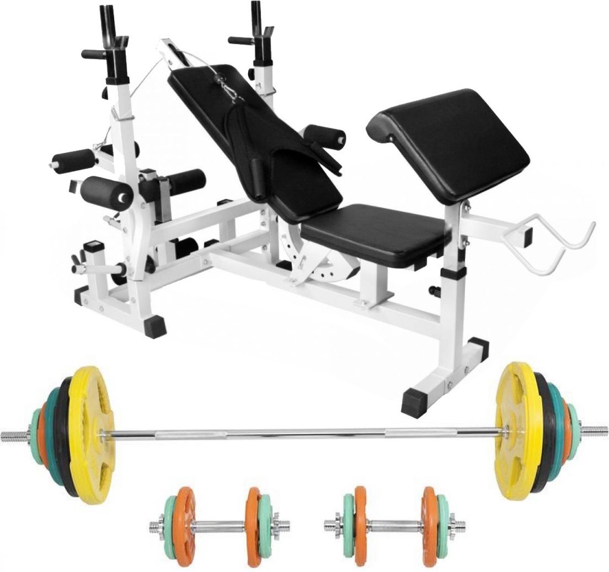 Gorilla Sports Universele Halterbank Wit Met 100 kg Halterset Gripper Gietijzer (Rubber Coating)