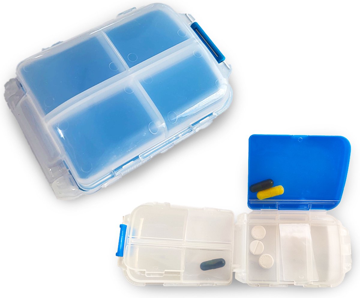 Goedkoopste PillMeds Pillenkoffer - Pillendoos 8 vakken - Streke vergendeling - Pillendoos voor grote pillen - Grote vakken - Transparant blauw