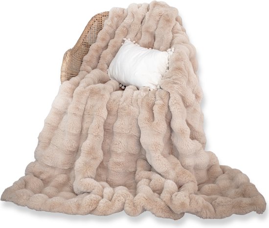 DecoSence® Plaid Bont 150x200 cm - Deken Imitatiebont - Deken Faux Fur - Fleece Sherpa Plaids - Beige - Fleece Deken - Heerlijk als Dekbed