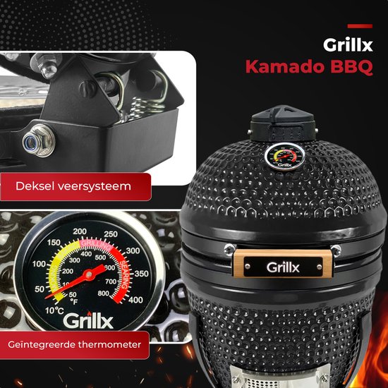 GrillX Kamado BBQ - 13 Inch - Incl. Hoes - Flamed Pattern - Barbecue Egg - Houtskool Barbecue - Zwart - Ø 27cm van GrillX — afbeelding 5