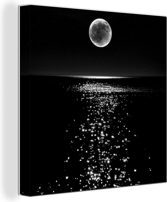 Canvas Schilderij Het maanlicht en een donkere zee - zwart wit - 20x20 cm - Wanddecoratie