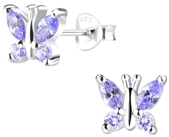 Joy|S - Zilveren vlinder oorbellen - zirkonia lila paars - 6 x 7 mm