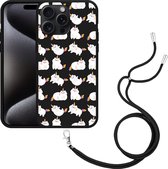 Cazy Hoesje met koord Zwart geschikt voor iPhone 15 Pro Max Unicorn Cat