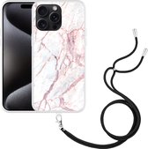 Cazy Hoesje met koord geschikt voor iPhone 15 Pro Max White Pink Marble