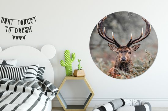 Een kinderkamer met een muurcirkel van een hert met geweien, een bed en een cactusvormige decoratie.