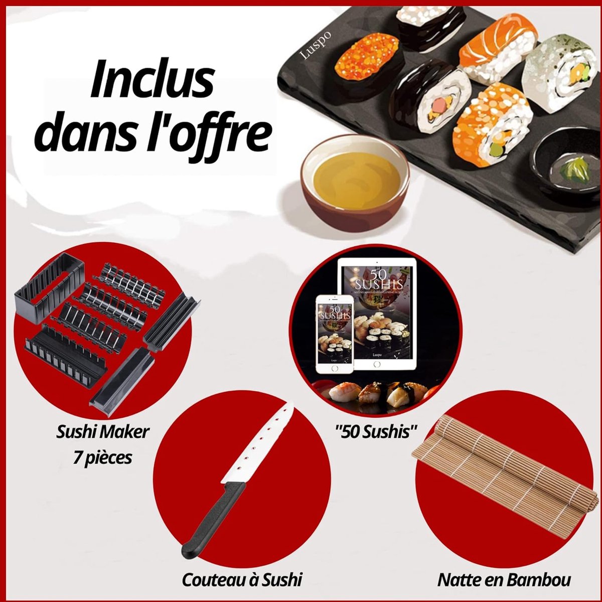 Set à sushis, Kit de fabrication de sushis en Bamboe de 9 pièces,  comprenant 2 nattes