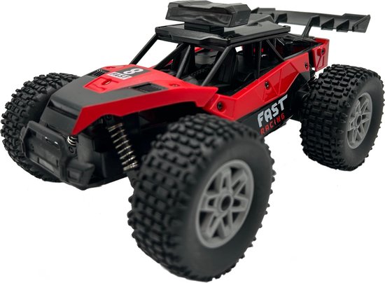 KINSAM Bestuurbare Auto – RC Truck – Monster Truck - Speelgoedauto - 2 Accus – Oplaadbaar – LED-Verlichting – 20 km/u – 19 x 16 x 8 cm – Rood/Zwart