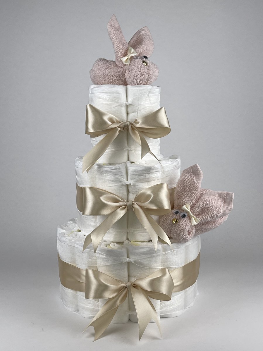 Chouette-Chouette | Luiertaart Meisje | Kraamcadeau | Geboorte Meisje | Babyshower | Konijnen Blush roze - Beige