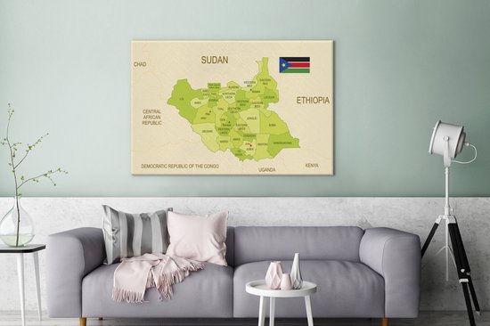 Une illustration d'une carte verte du Soudan du Sud 180x120 cm - Tirage photo sur toile (Décoration murale salon / chambre) XXL / Groot format!
