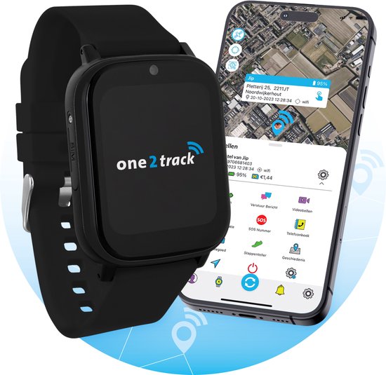 One2track Connect NEXT zwart - De allerleukste, stoerste & beste GPS horloge kind - Smartwatch kinderen (video)bellen & gebeld worden - GPS tracker kind met nauwkeurige locatie bepaling - Stel veilige zones in - SOS functie - Smartwatch met simkaart
