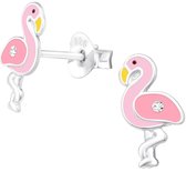 Joy|S - Zilveren Flamingo oorbellen - 6 x 11 mm - zilver roze met kristal - kinderoorbellen