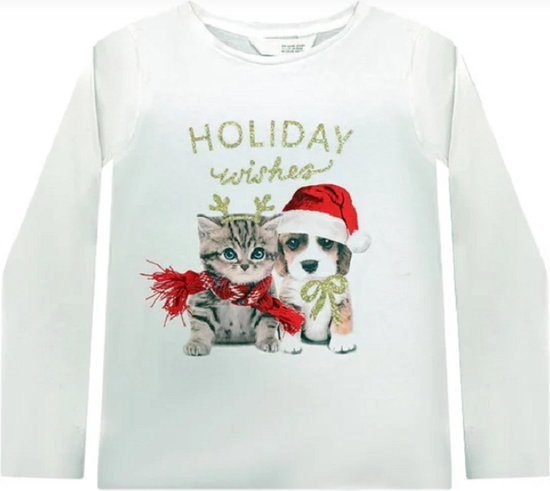 Noël- chemise - manches longues - enfants - Vœux de vacances chat et chien - blanc - taille 122/128