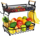 Fruitmand, 2-laags fruitschaal met 2 bananenhanger, keukenaanrecht, groententeller, grote metalen kommen, perfect voor het bewaren van fruit, groenten, snacks, cupcakes, zwart