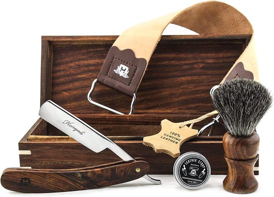 Haryali London scheerset met houten kist (scheermes, scheerkwast, strop, slijppasta), 5-delige luxe scheerset voor heren