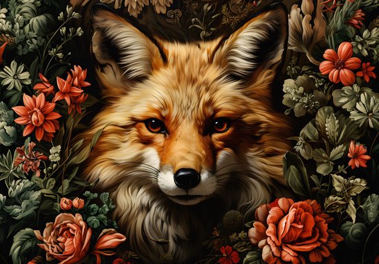 Een vos omringd door rode en oranje bloemen en groen gebladerte.
