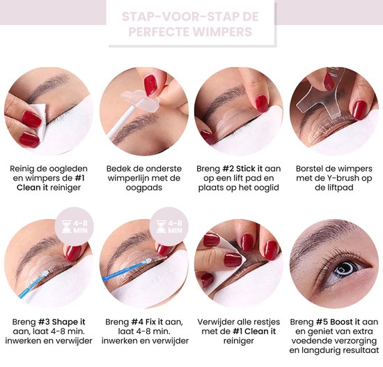 Stap-voor-stap handleiding voor het liften van wimpers met oogpads, Y-borstels en de applicatie van producten.