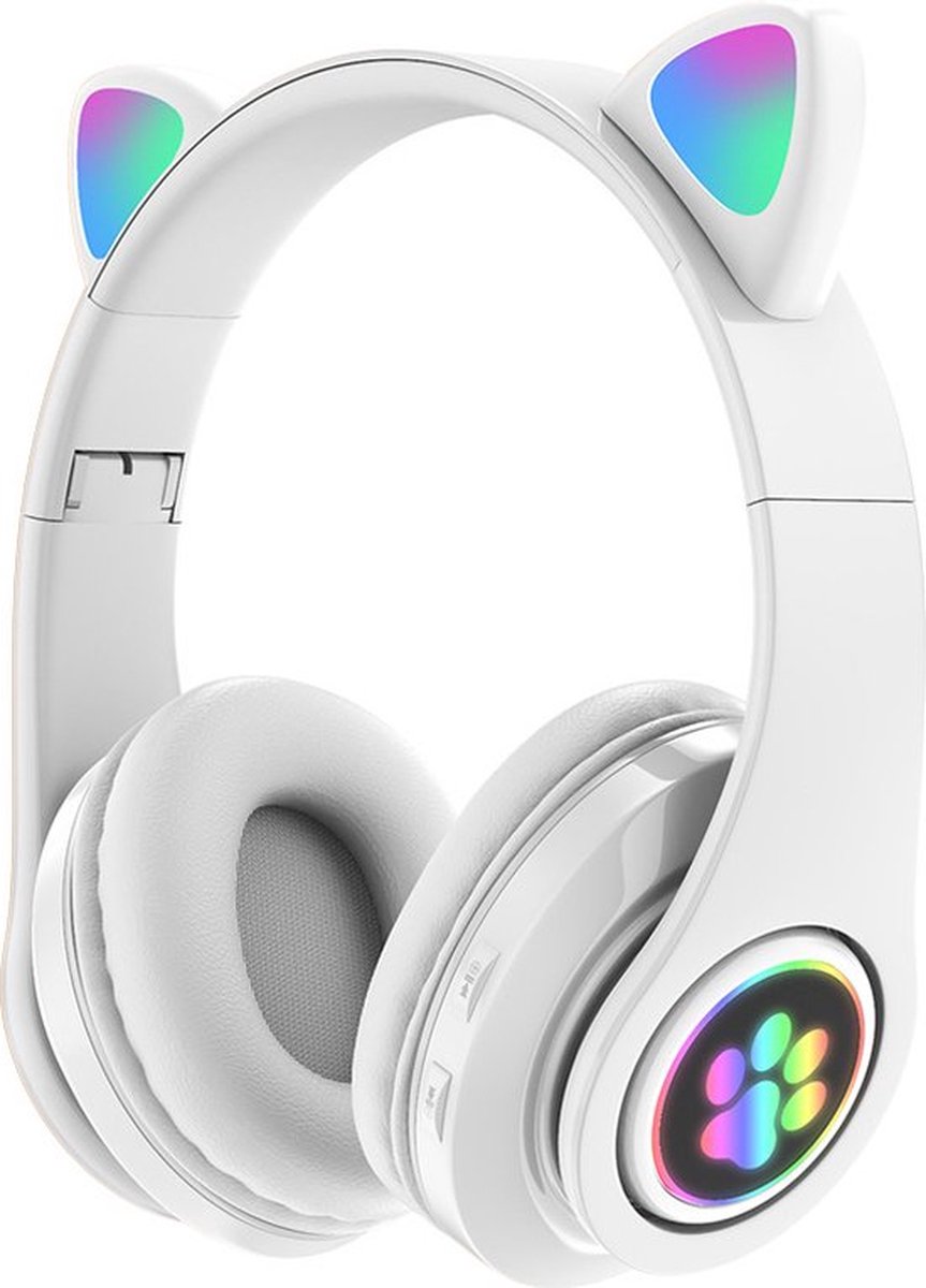 Kinder Hoofdtelefoon-Draadloze Koptelefoon-Kids Headset-Over Ear-Bluetooth-Microfoon-Katten Oortjes-Led Verlichting - WIT