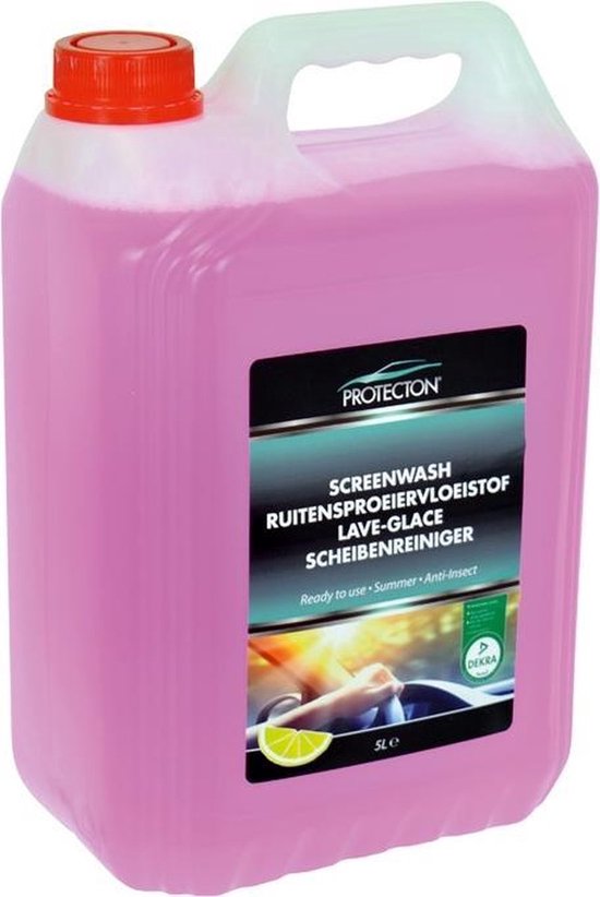 Liquide lave-glace Protecton 5L, rose, bouchon rouge. Prêt à l'emploi, été, anti-insectes.