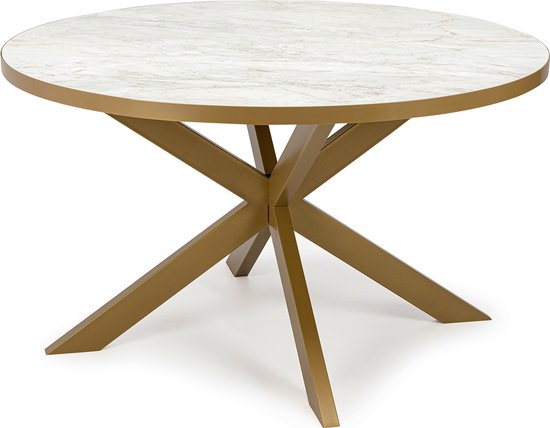 Stalux Table à manger ronde 'Daan' 135cm, couleur or / marbre blanc