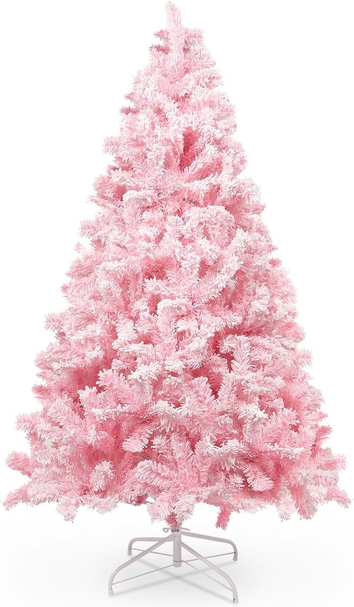 180 cm kerstboom bevlokt roze met volle flocked decoratie met sneeuwvlokken, 808 twijgen, dennenbladeren van pvc en stabiele basis, kunstkerstboom voor kerstdecoraties