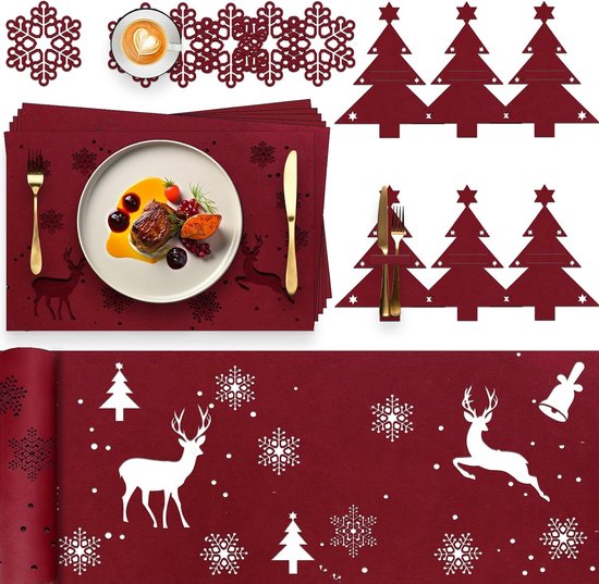 19 stuks 2023 placemat, tafelloper, onderzetter, bestektas, Kerstmis, tafelloper, placemat, Kerstmis, vilt, placemat, rood voor feesttafel, kerstdecoratie