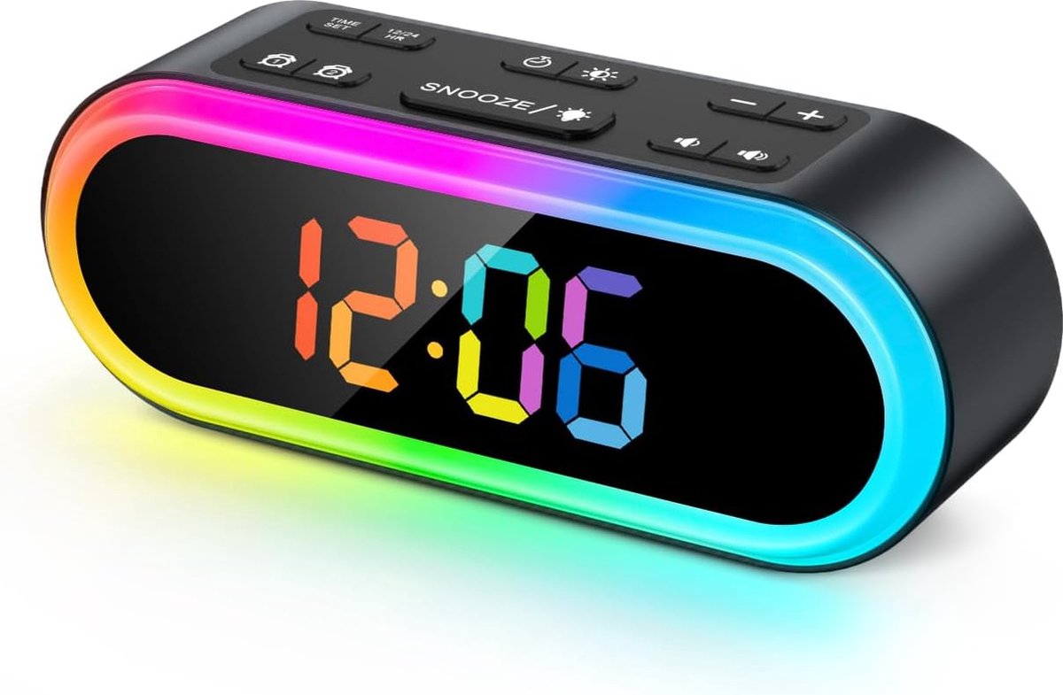 Digitale Wekker - 7 Wekgeluiden - RGB - 15-120 Minuten Automatische Uitschakeltimer - Voor Volwassen en Kinderen - Kinderwekker - Dimmen - Slapen - Zwart