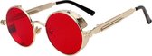 KIMU Ronde Bril Steampunk Vintage - Goud Montuur Rond - Rode Glazen - Nachtbril Autorijden Wintersport Retro Hippie - Gouden Zonnebril Uv Festival