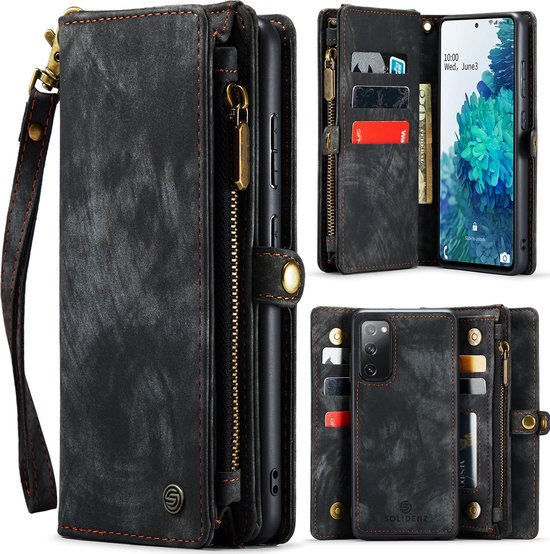 Foto: Geschikt voor samsung galaxy s20 fe hoesje solidenz wallet case s20 fe telefoonhoesje s20 fe s20 fe case met pasjeshouder met ritsvak met polskoord portemonee hoes zwart