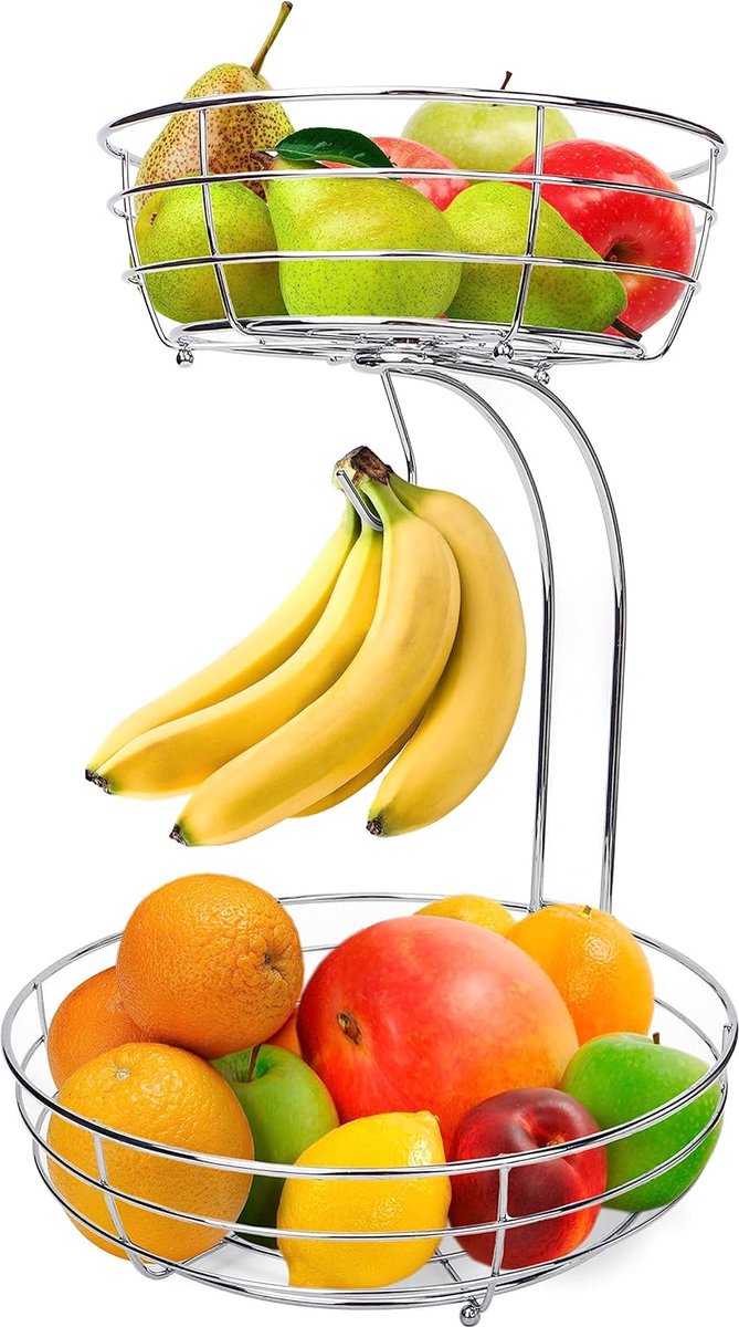 Fruitmand met bananenhaak extra bovenste kom. 38 cm hoog fruitrek bananenstandaard met hanger zelf te monteren zilverachtig chroom