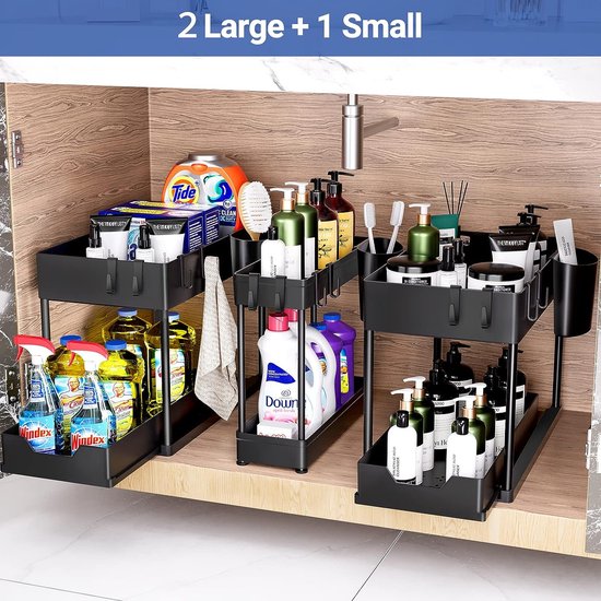 Wastafel Rek 3 stuks uitschuifbaar rek onder wastafel, 2 etages, staand rek, keuken ...
