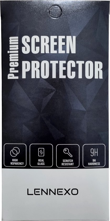 Verpakking van Lennexo Premium Screen Protector met icoontjes voor hoge transparantie, echt glas, krasbestendig en 9H hardheid.