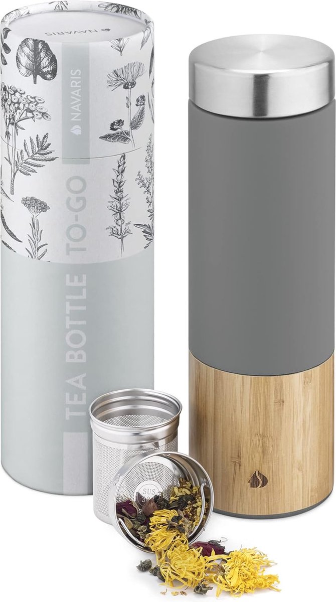 Theefles van roestvrij staal en bamboe, 500 ml, theepot to go met zeef, lekvrije drinkfles, theebeker, grijs