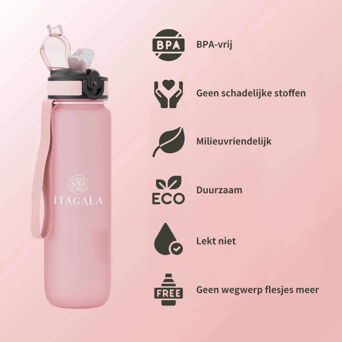 Itagala Waterfles 1 liter - BPA-vrije sportfles - lekvrij - Tritan - mat roze