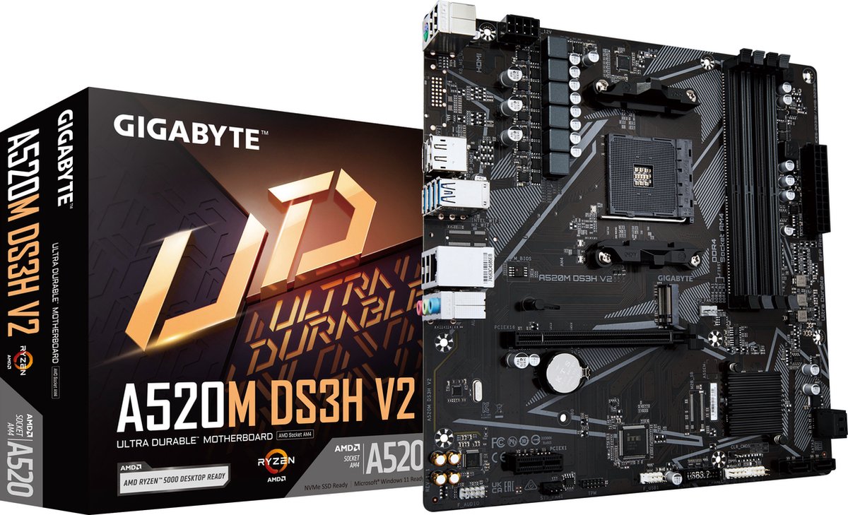 Gigabyte A520M DS3H V2, AMD, Socket AM4, 3rd Generation AMD Ryzen™ 3, 3rd Generation AMD Ryzen 5, 3rd Generation AMD Ryzen™ 7, 3rd..., Socket AM4, 128 GB, DDR4-SDRAM - GIGABYTE