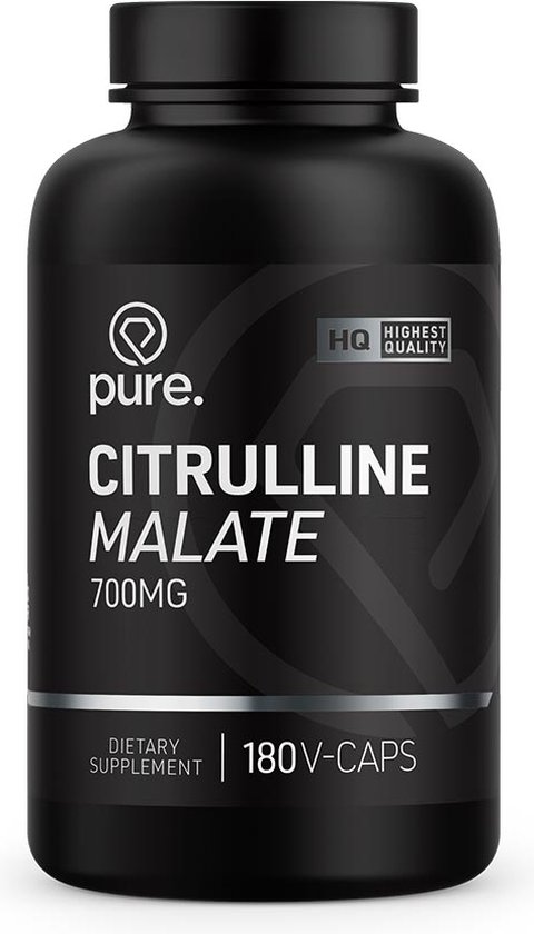 Zwarte pot met Pure. Citrulline Malate 700mg. 180 V-Caps. Supplement.