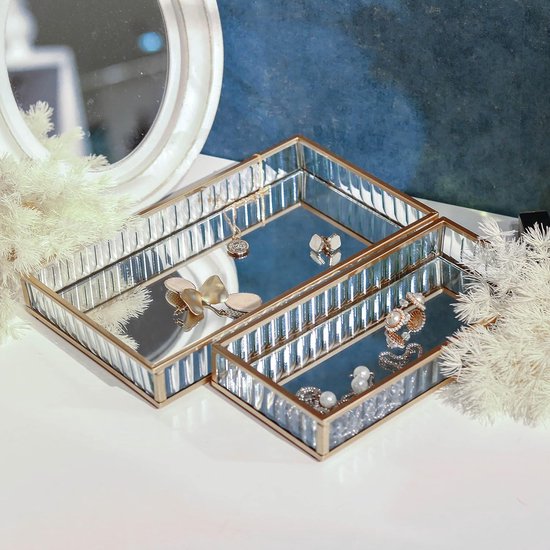 Plateaux à Bijoux En Verre Doré Avec Fond Miroir - Lot De 2 (24x14cm Et 20x10cm) - Organisateur Coiffeuse, Décoration - 7