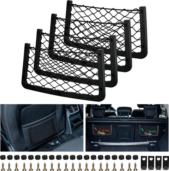 Domkan 4 Stuks Opbergnetten – Elastische Bagagenetten 36x18 Cm, Met Haken En Schroeven, Voor Auto, Camper, Caravan Of Thuis