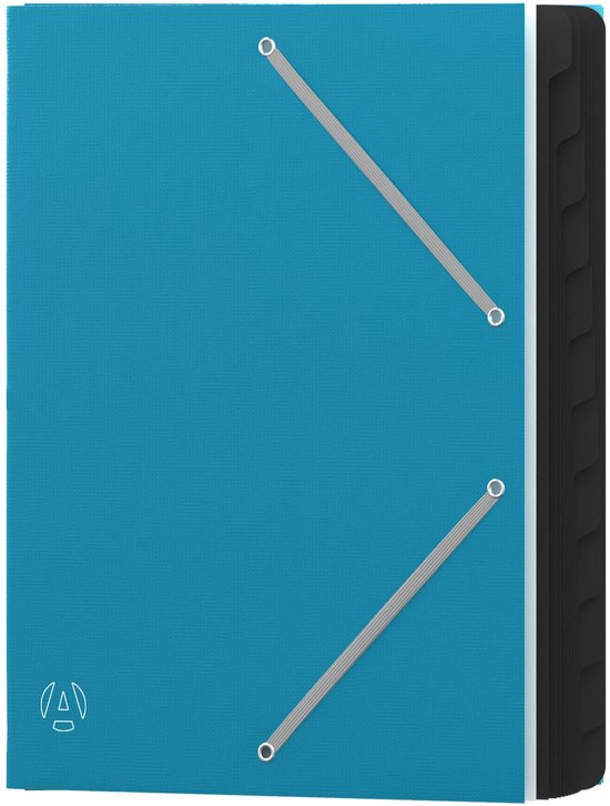 Turquoise A4 sorteermap met 3 elastische sluitingen en 12 vakken.