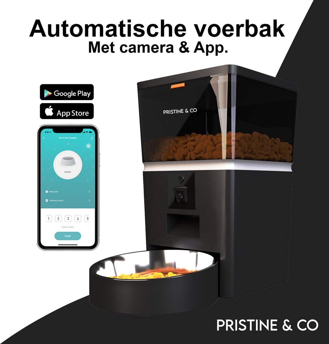 Automatische Voerbak met Camera - Kat & Hond - Voerautomaat - Applicatie - Automatische Voerbak Kat - WIFI - 6 Liter - Zwart - Automatische Voerbak Hond - Pristine & Co - Pristine & Co