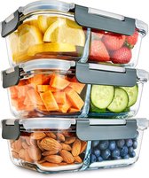 2-vaks maaltijdbereidingscontainer van glas met transparant deksel - luchtdicht afsluitbare voedselbewaarcontainers, BPA-vrij, geschikt voor magnetron, vriezer, vaatwasser, oven - [pak van 3]