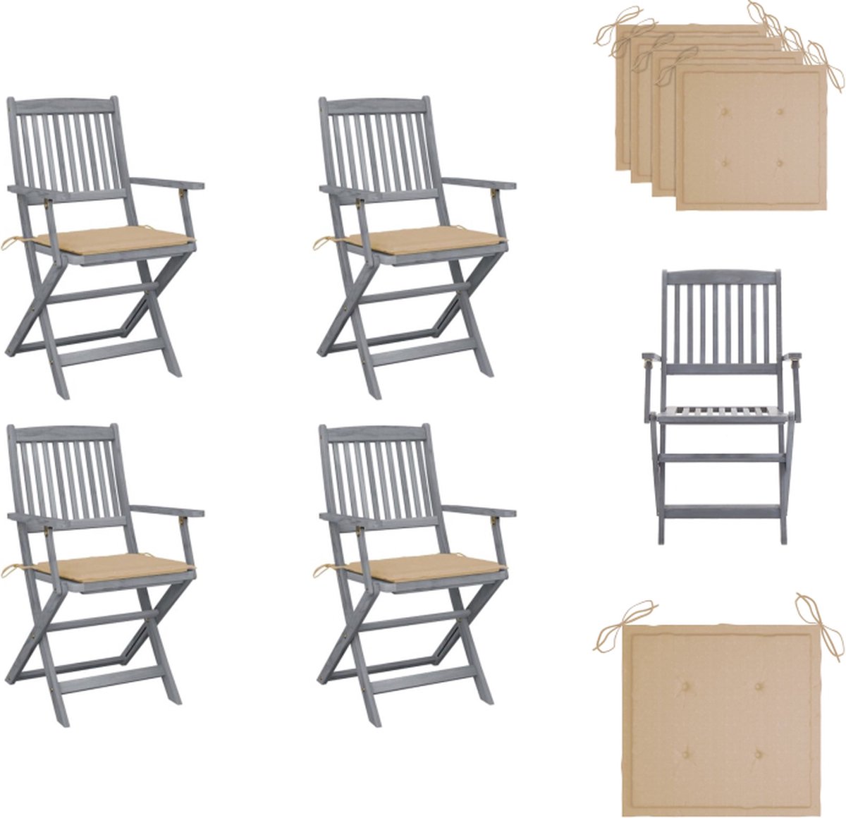 VidaXL Klapstoelen Massief acaciahout Greywash 54 x 57 x 91 cm 4 x zitkussen Tuinstoel