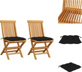 vidaXL inklapbare tuinstoel - Teakhout - Zwart kussen - 47x60x89 cm - Set van 2 - Tuinstoel